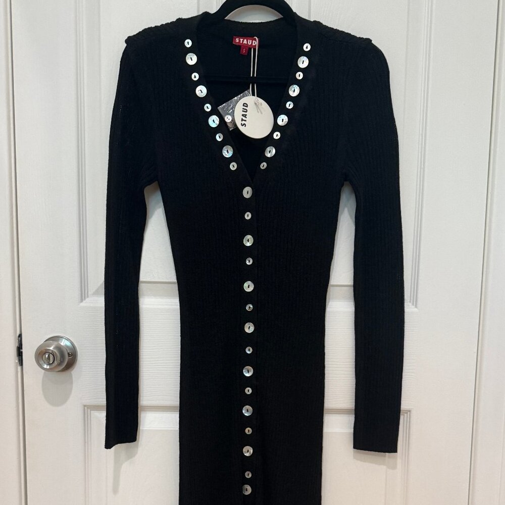 STAUD NEREUS MOTHER OF PEARL BUTTONS RIBBED SWEATER DRESS NEW WITH TAGS (NWT)